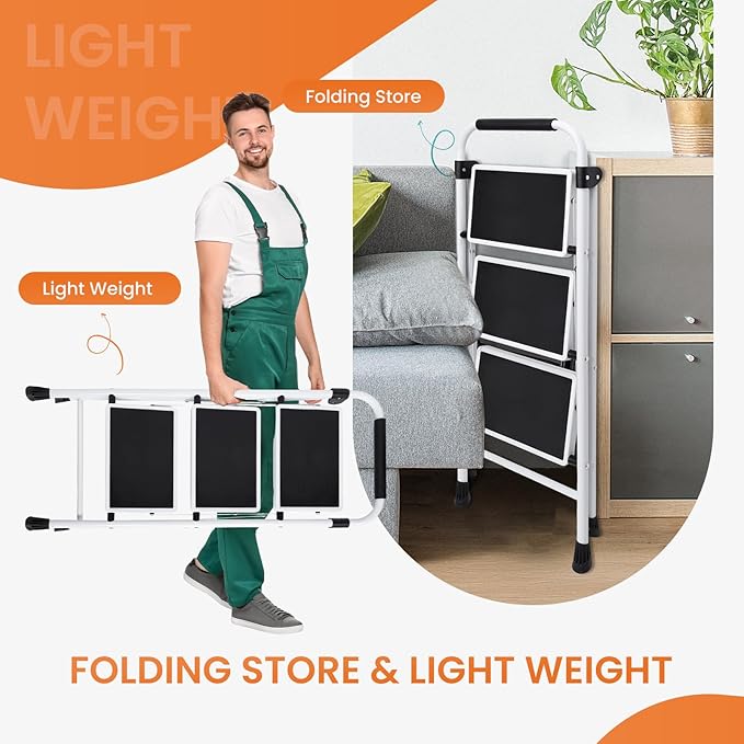 Sweetcrispy 3 Step Ladder, 330lbs Folding Step Stool with Wide Anti-Slip Pedal, Sturdy Ladder, Convenient Handrail, Lightweight, Portable Step Stool Black