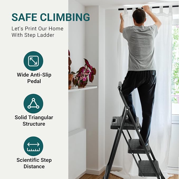 DUMOS Step Ladder, 3 Sturdy Step Stool with Anti-Slip Pedal & Comfortable Handrail, Portable Heavy Duty Step Stool for Kitchen, Garage & Outdoor Use, 800lbs, Black