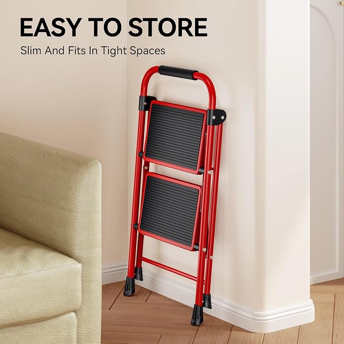 KINGRACK Step Ladder, Folding Ladder with Non-Slip and Wide Pedal, Small Ladders with Handle, Heavy Duty Steel Ladder, Lightweight Step Ladder (Red, 2 Step Ladder)