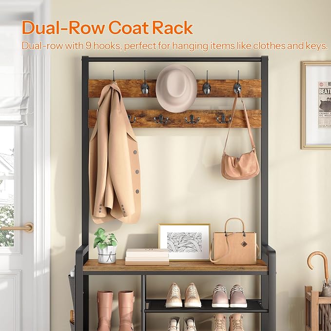 HOOBRO Hall Tree with Bench, Shoe Rack with Coat Rack, Coat Rack with Shoe Storage, 5 Tier Shoe Storage Organizer with Oxford Fabric Side Pockets, Coat and Shoe Rack Entryway, Rustic Brown BF45MT01