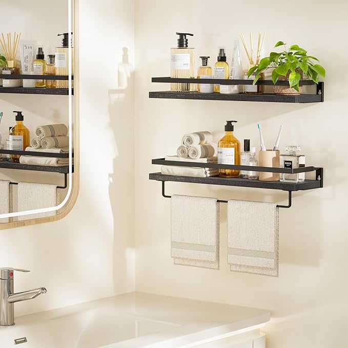 AMADA HOMEFURNISHING Bathroom Shelves with Towel Bar, Floating Shelves, Wall Shelves for Bathroom/Living Room/Kitchen/Bedroom, Black, Set of 2 - AMFS01B