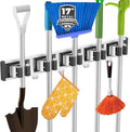reliahom Broom Holder Wall Mount, 5 Racks with 4 Hooks Black - Mop Storage Tool Racks, Broom Hanger Tool Organizer for Garage, Kitchen, Garden, Laundry Room