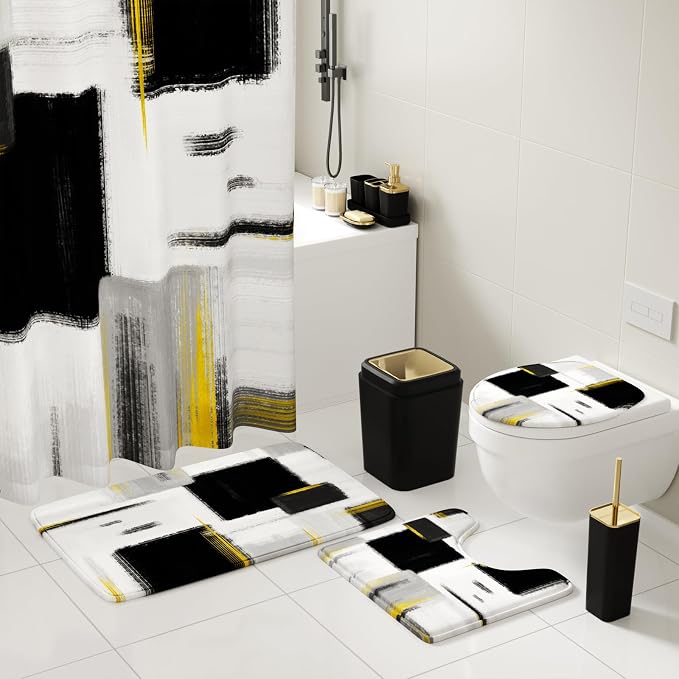 XLHOMO Bathroom Accessories Set - 26PCS Black Bathroom Set, Bathroom Accessory Set with Shower Curtain and Rugs and Bathtub Mats for Home