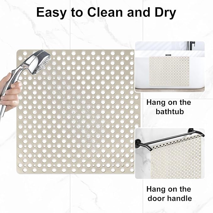 Anti Slip Shower Mat with Suction Cups,27x27 Inch Quick Drain TPE Non Slip Shower Mats for Inside Shower,Large Bath Mat for Shower Soft on Feet, Easy to Dry&Cut Machine Washable