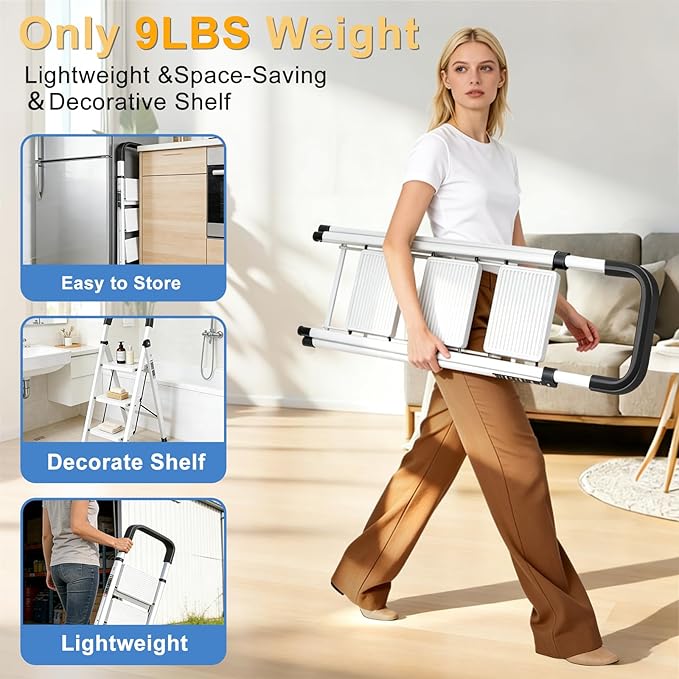 3 Step Ladder Folding Step Stool with Handrail 500LBS Capacity Sturdy Carbon Steel Frame Anti-Slip Pedal & Feet Portable for Home Kitchen Garage Bathroom (white-3step)