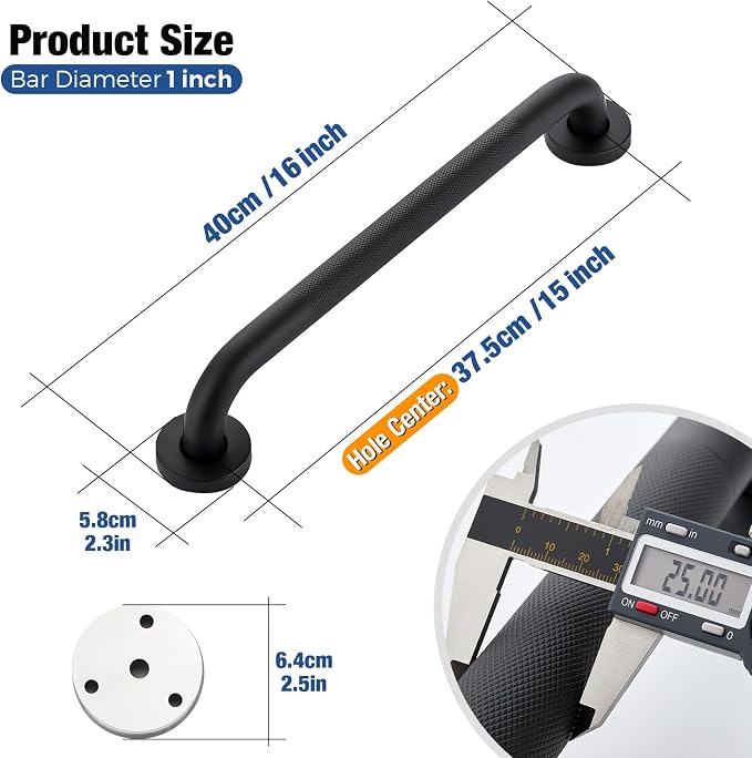 Grab Bars for Shower 2 Pack 16-Inch, Stainless Steel Anti-Slip Safety Shower Handle for Elderly Bathroom Wall Support Handicap Handicap Grab Bars for Seniors, Matte Black