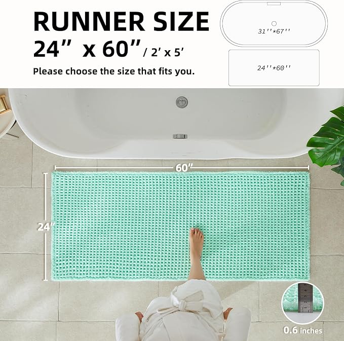 TYUU Waffle Runner Rug Bathroom, Long Boho Bathroom Rugs Non Slip Washable Super Absorbent Quick Dry Cute Bath Mat Farmhouse Bath Decor, 60"x24" Aqua Blue