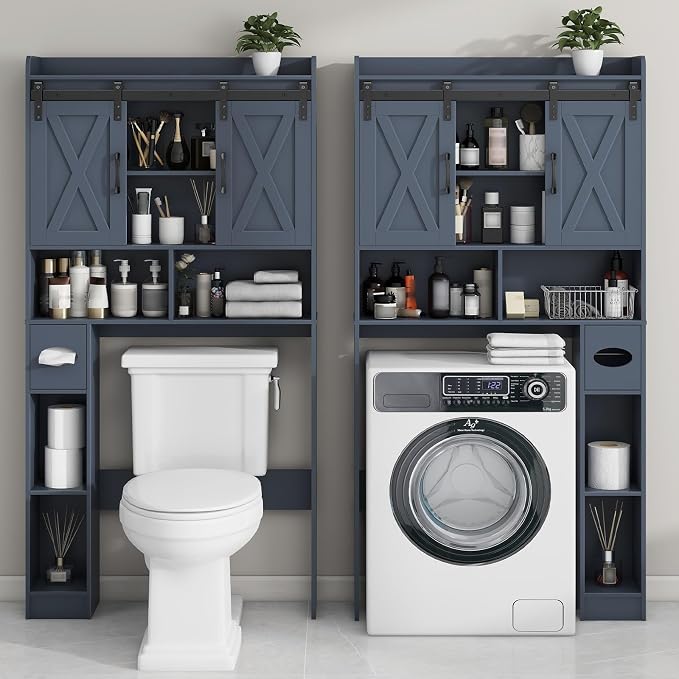 Vabches Over The Toilet Storage Cabinet, Farmhouse Storage Cabinet Over Toilet with Sliding Doors，Home Space-Saving Toilet Rack, for Bathroom, Restroom, Laundry