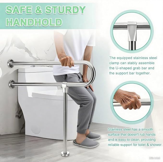 24" x 27.55" Toilet Support Rail Toilet Grab Bar, 304 Stainless Steel Shower Safety Handrail - Anti-Slip Bathroom Support Bar for Elderly, Disabled, Pregnant Women 1.25’Tube