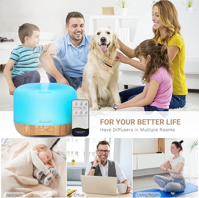 Aromatherapy Essential Oil Diffuser for Room: Colorful Aroma Air Humidifier with Adjustable Cool Mist Mode, Auto Off Ultrasonic Diffusers for Large Small Room Home Office 500ML