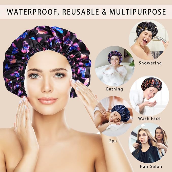 4 PCS Shower Cap for Women, Elastic and Reusable Bath Caps, Double Layers Shower Caps Reusable Waterproof, Bathing Shower Caps, Environmental Bath Hair Protection Cap - Butterfly A
