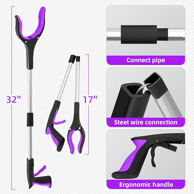 2-Pack 32" Grabber Reacher Tool, Foldable Reacher Grabber Pickup Tool with 360° Rotating Jaw & Magnetic Tip, GarbageTrash Picker Upper Grabber,Lightweight Grabbers for Seniors/Elderly(Purple)