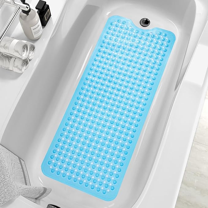 MOONFLY Shower and Bathtub Mat,40x16 Inches,Extra Long Non Slip Mats with Suction Cups and Drain Holes, Machine Washable and Anti Slip Bathmats, Bathroom Mats for Tub Nonslip (Clear Blue)