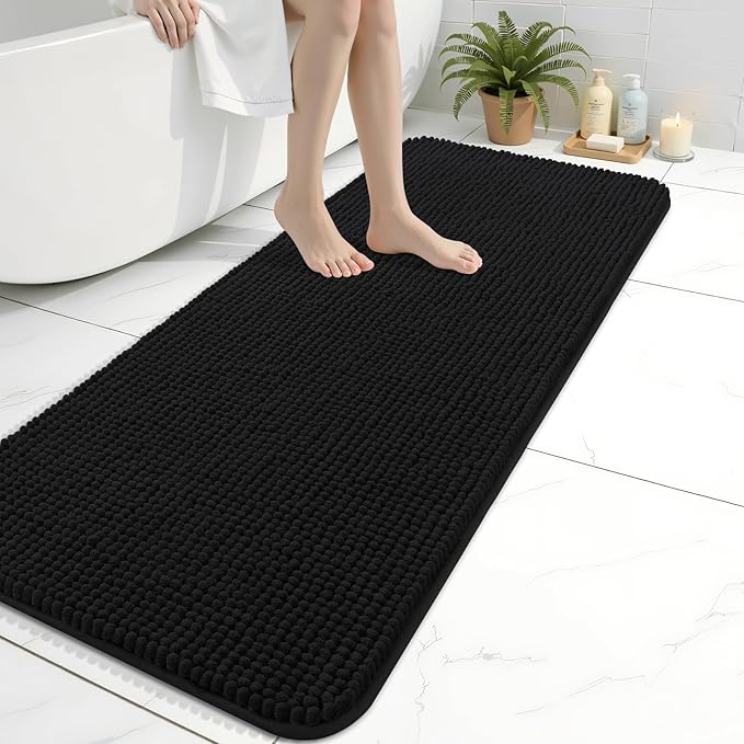 Arotive Bathroom Rugs 47" x 17", Ultra Soft Absorbent Chenille Bath Rugs, Non-Slip Rubber Backing, Machine Washable Bath Mats for Bathroom Floor, Tub and Shower, Home Decor Accessories, Black