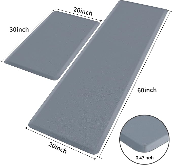 HappyTrends 2 PCS Kitchen Mat Cushioned Anti-Fatigue Floor Mat, Heavy Duty Ergonomic Comfort Foam Standing Mat, Waterproof Non-Slip Kitchen Rugs for Home, Office(20"x30"+20"x60",Grey)