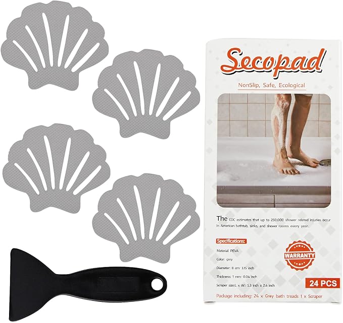 Secopad Non-Slip Bathtub Stickers, 24 PCS Shell Safety Bathroom Tubs Showers Treads Adhesive Decals Scraper (Gray)