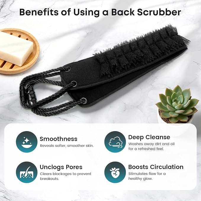 eaxun Back Scrubber with Handles for Shower, 40 Inches Dual-Sided Back Washer with Exfoliating Texture and Loofah for Men, Women and Elderly, Bath Back Exfoliator Body Cleaner for Deep Cleansing