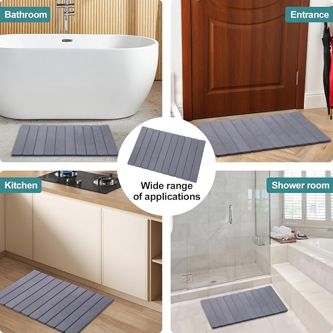 Foldable Stone Bath Mat, Quick-Drying Diatomite Bath Mat | Fast-Drying Hard Stone Drying Mat for Bathroom Shower Floor, 23.6 x 15.4 inch (Dark Grey)