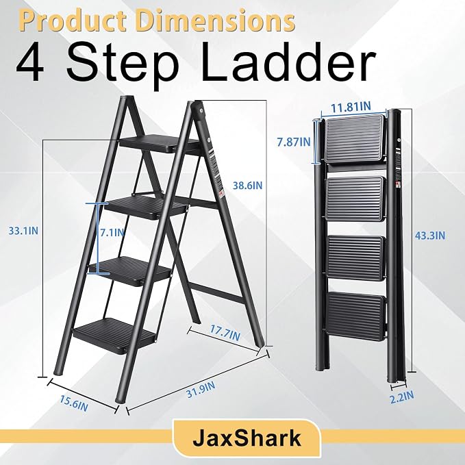 4 Step Ladder Folding Step Stool with 500LBS Capacity Sturdy Carbon Steel Frame Anti-Slip Thick Pedal & Feet Portable for Home Kitchen Garage (black-4step)