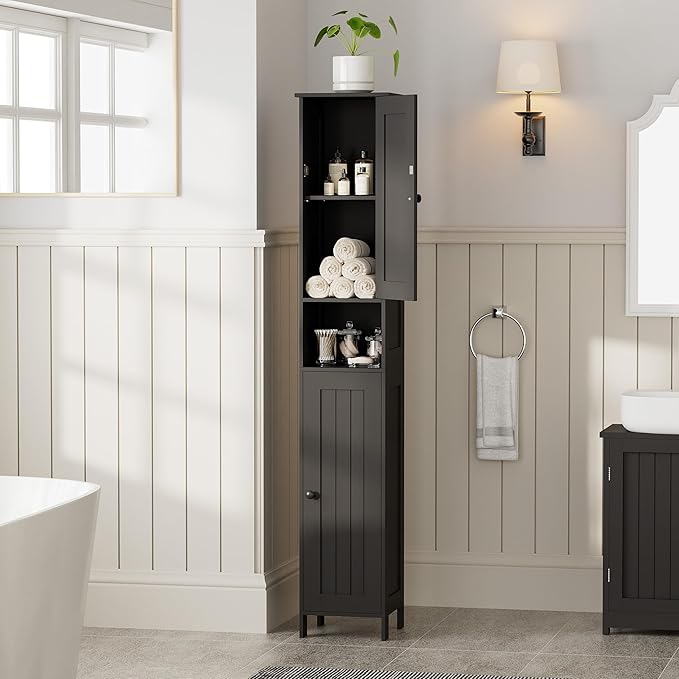 Homleke Tall Bathroom Storage Cabinet with 2 Doors, 67"H Narrow Storage Cabinet with Adjustable Shelves& Anti-Tip Design, Reversible Door Installation, Easy Assembly, 11.8 x 11.8 x 66.9 Inches, Black