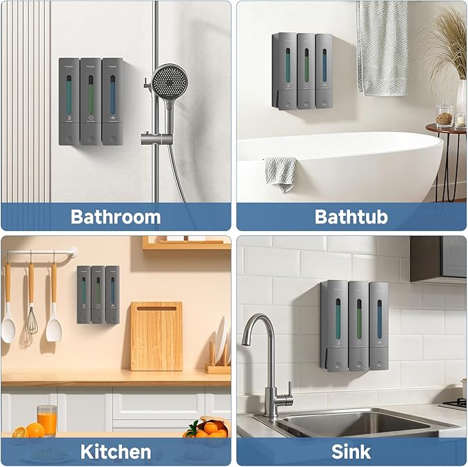 Shampoo and Conditioner Dispenser - Shower Soap Dispenser Wall Mounted No Drill - Shampoo Conditioner Body Wash Dispenser 3 Chamber - Easy Install for Bathroom Hotel Gungrey 1200ml