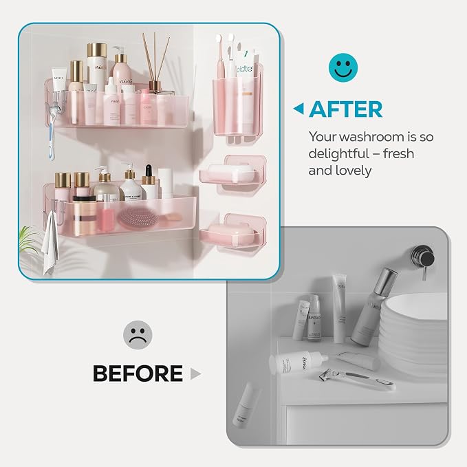 Nieifi Adhesive Wall Shelf, Shower Shelves, Shower Organizer for Bathroom Organization (Pink-Clear, 5 pieces)