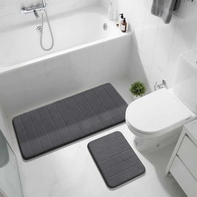 Yimobra Large Bath Mat Set 2 Piece- Super Soft Absorbent Quick Dry Memory Foam Bathroom Rugs, Machine Washable Non Slip Floor Carpet for Tub Shower & Double Vanity (17x24 & 44x24, Dark Gray)