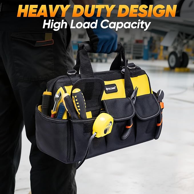 TICONN Tool Bag with Multi-Pockets Wide Mouth Tool Tote with Safety Reflective Straps, Adjustable Shoulder Strap and Ergonomic Handle (Yellow, 16" Standard Base)
