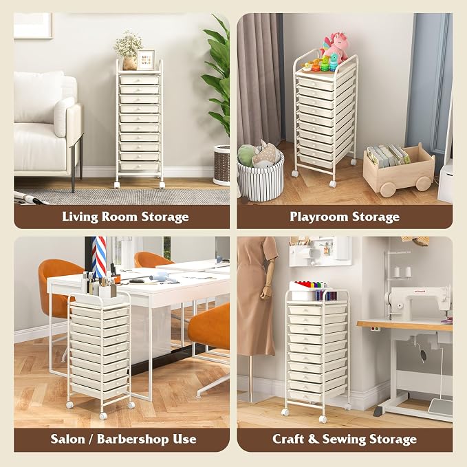 10-Drawer Rolling Storage Cart, Trolley w/Lockable 360° Wheels, 10 Removable PP Drawers, Sturdy Metal Frame, Rolling Utility Cart Perfect for Home, Office, Classroom (Ivory)
