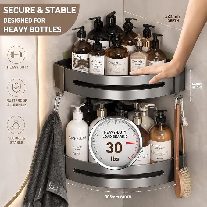 Corner Shower Caddy - 2 Pack Rustproof Stainless Steel Bathroom Organizer Shelves for Inside Shower, No Drill Adhesive Wall Mount Heavy Duty Storage Rack with 4 Hooks, Gunmetal