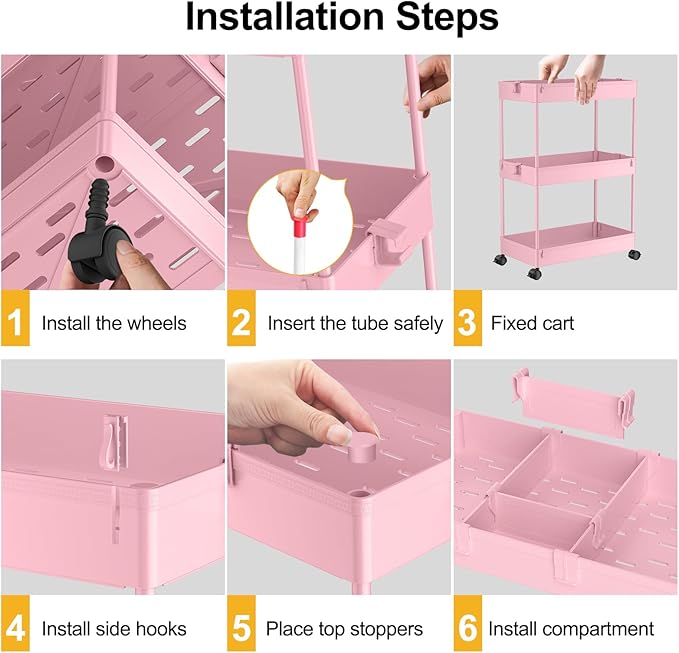 SPACELEAD 3 Tier Rolling Cart with Wheels, Storage Craft Art Trolley Organizer Serving, 3 Hanging Baskets Easy Assembly, for Office, Living Room, Kitchen, Pink