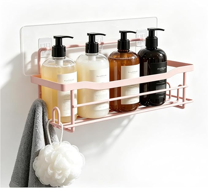 Pink Shower Caddy Shelves Organizer Rack, Single Pack Shower Shelf for Shampoo Soap Bathroom Waterproof Adhesive Holder, No Drilling Wall Mounted