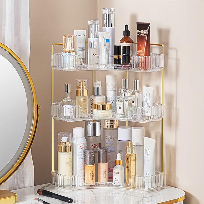 shuang qing 3-Tier Corner Bathroom Counter Organizer – Storage Shelf for Makeup, Perfume & Skincare, Space-Saving Countertop Tray Fits Bathroom, Dresser, Kitchen (White)