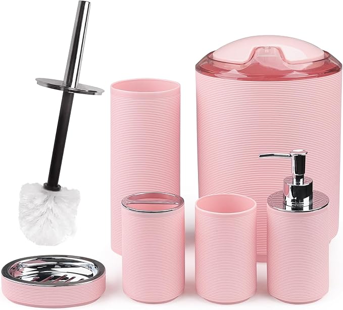 CERBIOR Bathroom Accessories Set Bath Ensemble Includes Soap Dispenser, Toothbrush Holder, Toothbrush Cup, Soap Dish for Decorative Countertop and Housewarming Gift (Pink Spiricle)
