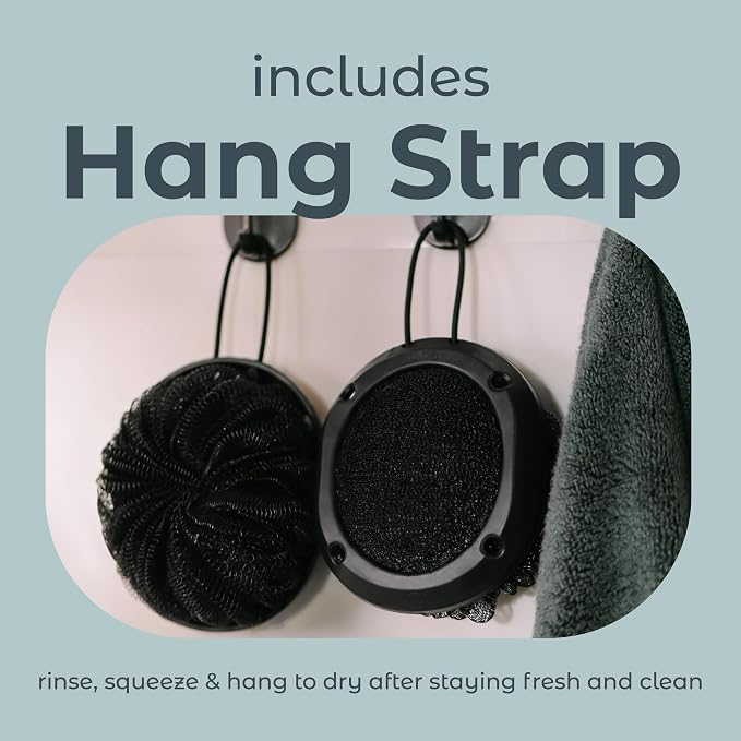 MainBasics Shower Tool Duo 2-1 Shower Loofah Sponge and Exfoliating Body Scrubber (2 Pack, Black)