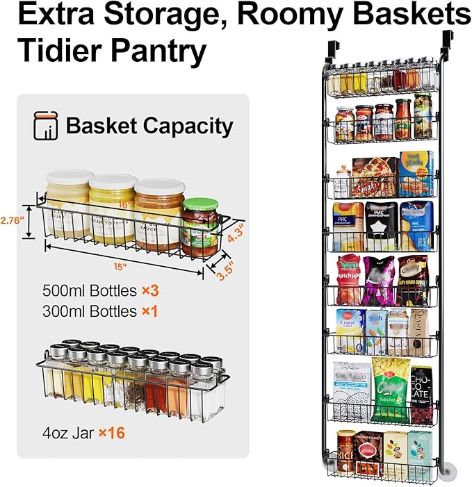 Delamu Over The Door Pantry Organizer, 8-Tier Pantry Door Organizers and Storage, Metal Hanging Spice Rack, Seasoning Organizer, Door Organizer for Home Kitchen Bathroom, Black