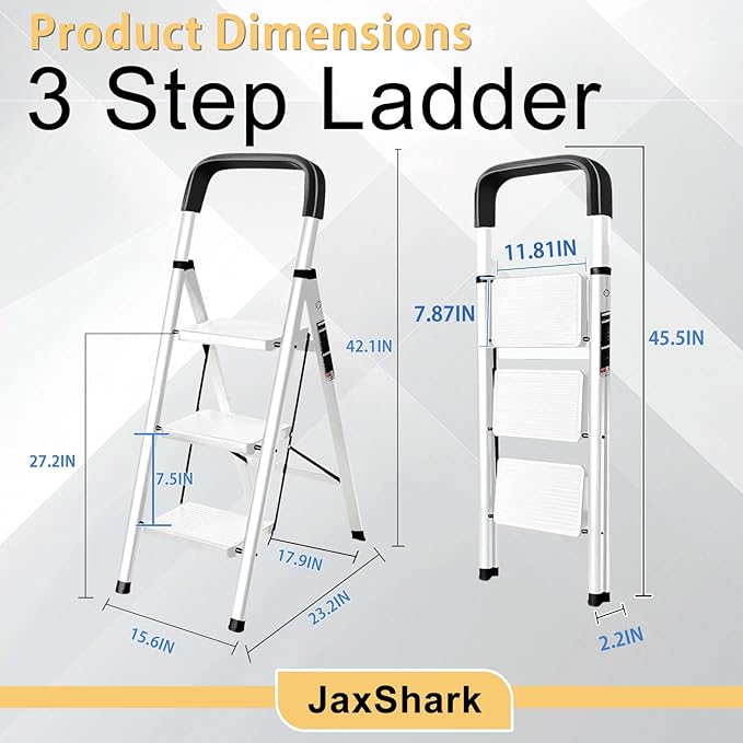 3 Step Ladder Folding Step Stool with Handrail 500LBS Capacity Sturdy Carbon Steel Frame Anti-Slip Pedal & Feet Portable for Home Kitchen Garage Bathroom (white-3step)
