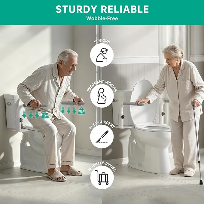 Toilet Safety Rails for Seniors, Reinforced Height Adjustable Toilet Rails, Anti Slip Durable Heavy Duty Toilet Handles for Elderly, Space Saving Toilet Safety Frame for Elderly Disabled