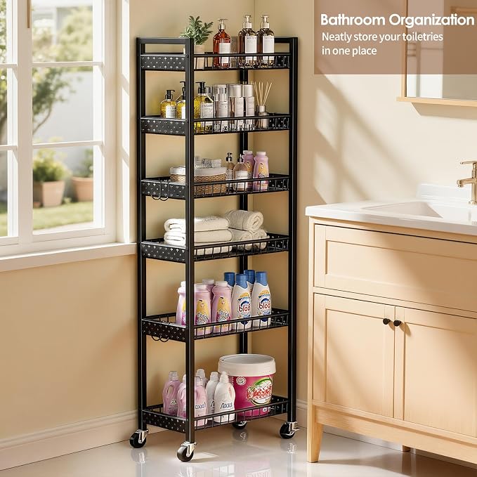 6 Tier Slim Storage Cart, Narrow Rolling Cart with Wheels, Narrow Mobile Utility Shelf Unit Organizer for Kitchen, Bathroom, Laundry Room, Living Room, Small Places, 10in(W), Black