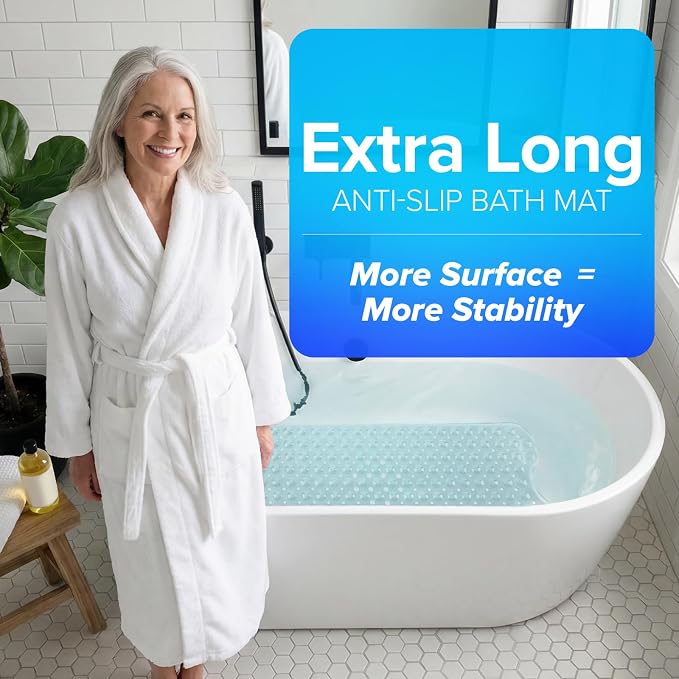 SlipX Solutions Power Grip Extra Long Bath Tub & Shower Mat 39x16, Wet Floor Non-Slip for Elderly & Kids Bathroom, 30% Longer Bathtub Mats, 200 Suction Cups, Drain Holes (1, Clear)