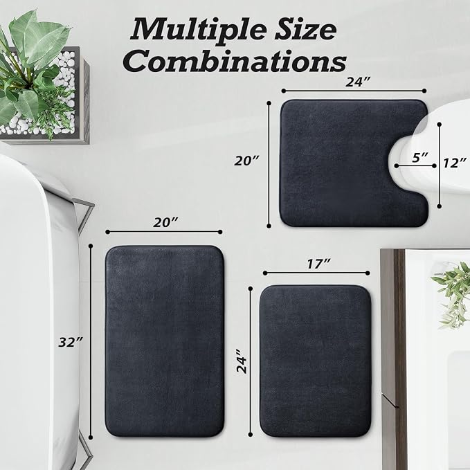 HUXMEYSON Bathroom Rugs Sets 3 Piece, Non-Slip & Quick Dry Bath Mat Set, Ultra Soft Velvet Bath Rugs for Bathroom, Toilet and Shower Floor, Dark Grey