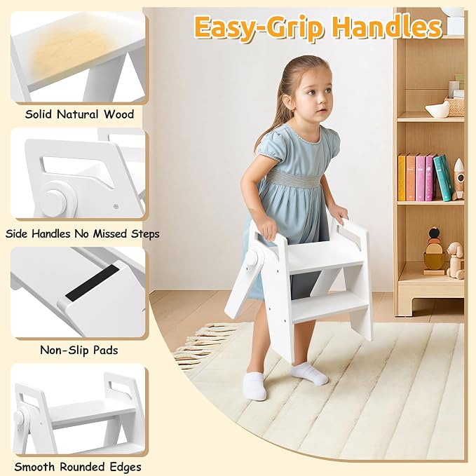 Wooden 2 Step Stool for Toddler Kids Bathroom Foldable 2-Step for Toilet Potty Training, Child Stepping Stool for Kitchen Nursery Bedroom,White