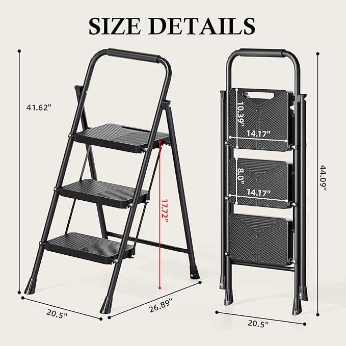 Urackify 3 Step Ladder, Portable Folding Ladder for Multi-Purpose, Home, Kitchen, Heavy Sturdy Steel Step Stool with Handrail, Anti-Slip Wide Pedals, Safe-Lock Design, Pass 500lbs Load Testing, Black