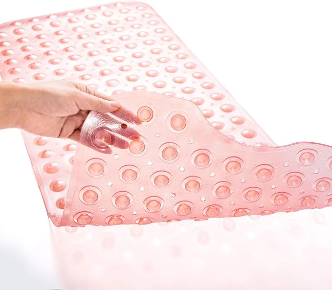 TEESHLY Bathtub Mats for Shower Tub, Extra Long Non-Slip 39 x 16 Inch Bath Mat with Drain Holes and Suction Cups, BathMat for Bathroom with Machine Washable (Clear Coral Pink)