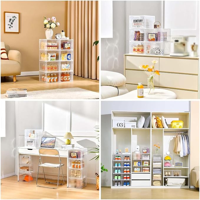 Freebat 10 Pack Closet Organizers and Storage,Clear Stackable Plastic Storage Bins with Lids Magnetic Doors,Clothes Organizers and Storage,Plastic Craft Containers for Wardrobe Kitchen Bathroom Office