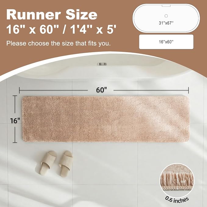 TYUU Beige Bathroom Runner Rugs, Ultra Soft Long Bath Mat Machine Washable Super Absorbent Quick Dry Bathroom Runner Rug 16 x 60 Non Slip, Beige 16" x 60"