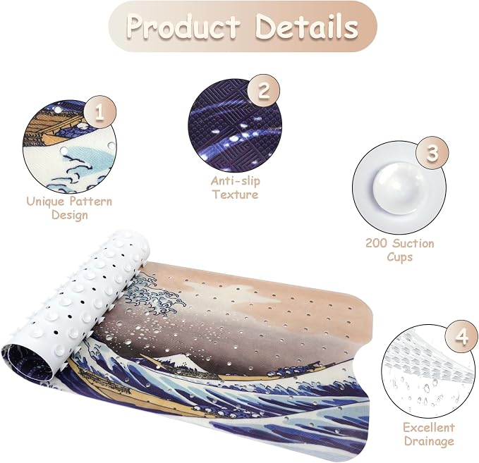 Bathtub Mat Non Slip, Japanese Wave Extra Long Bath tub Mat Shower Floor Mat with Suction Cups and Drain Holes for Adults Kids Elderly 40 X 16 Inch