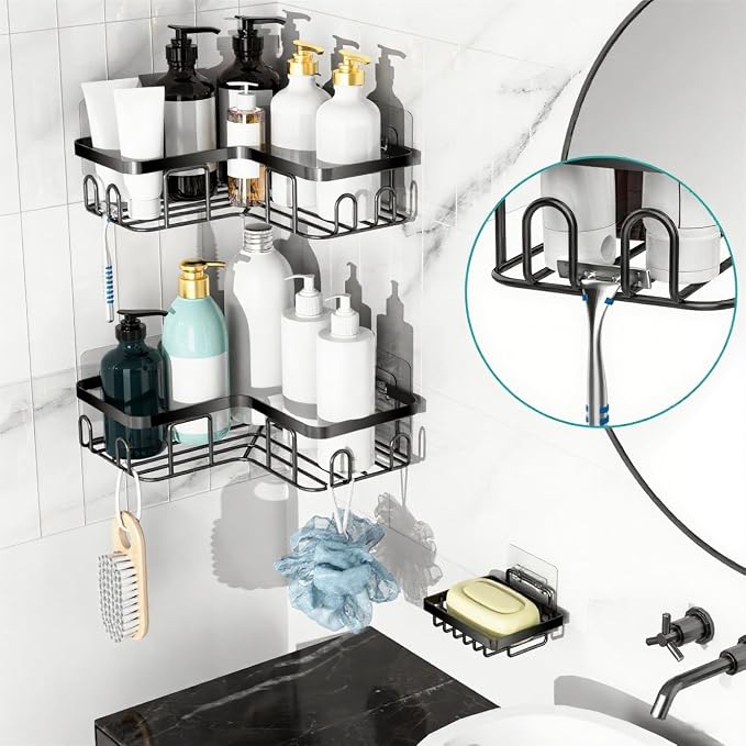 Moforoco Corner Shower Caddy Shelf Organizer Rack, Self Adhesive Black Bathroom Shelves Basket, Home Wall Shower Inside Organization and Storage Decor RV Accessories, First Apartment Essentials