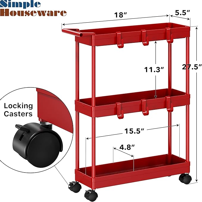 Simple Houseware 3-Tier Slim/Narrow Storage Cart with Handle, 5.5'' Wide x 27.5'' Height Rolling Organizer for Kitchen, Bathroom, Laundry Room - Red
