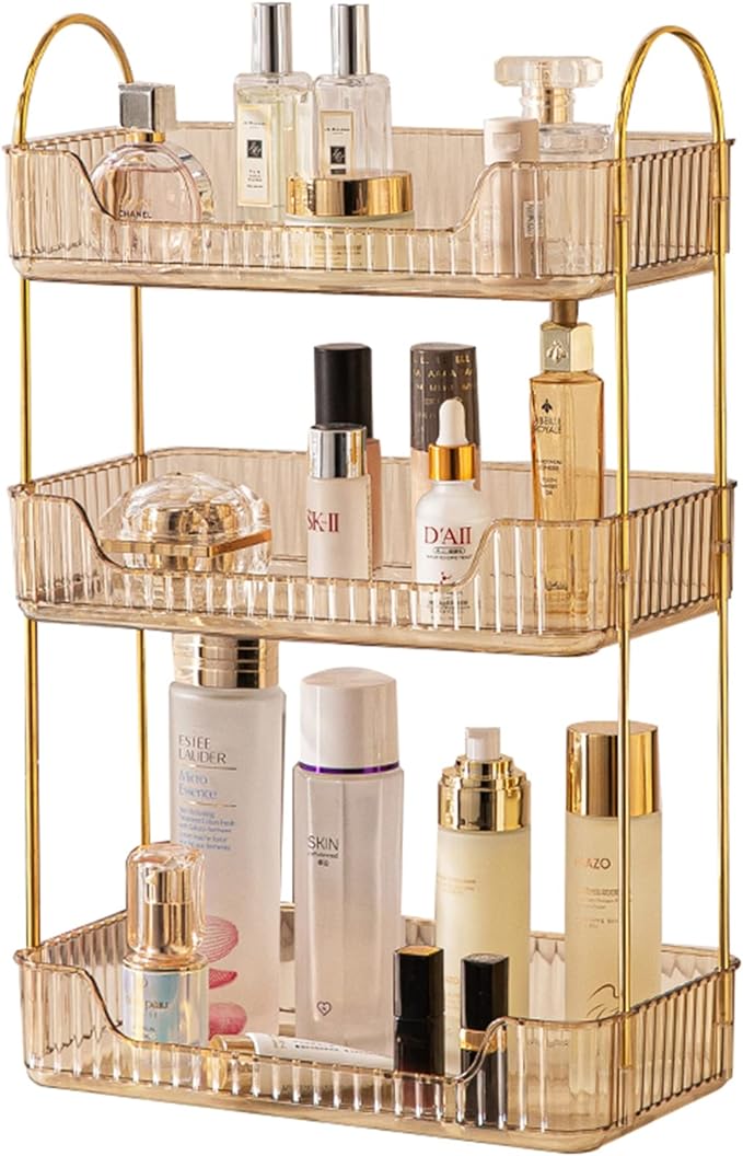 shuang qing 3 Tier Bathroom Counter Organizer Countertop Storage, Cosmetics Skincare Shelf Organizer, Makeup Organizer Perfume for Dresser Vanity Tray, Spice Rack Organizer for Kitchen - Gold